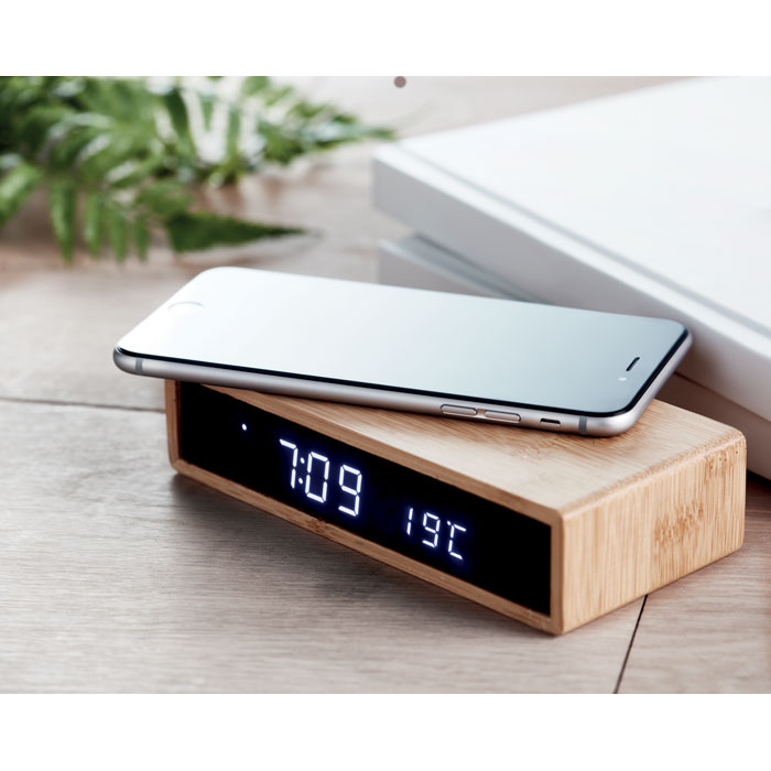 Chargeur Sans Fil Bambou avec Réveil à graver