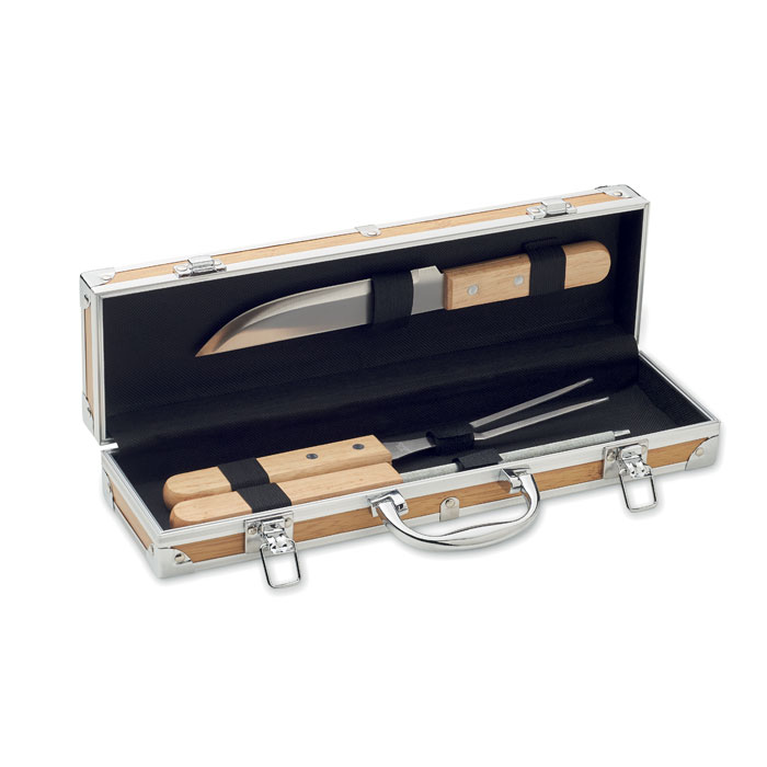 Set d'Outils BBQ 3 Pièces en Inox avec Manches en Bois