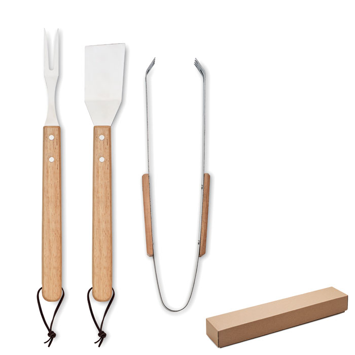 3-Delige BBQ Set van RVS met Eikenhouten Handvat