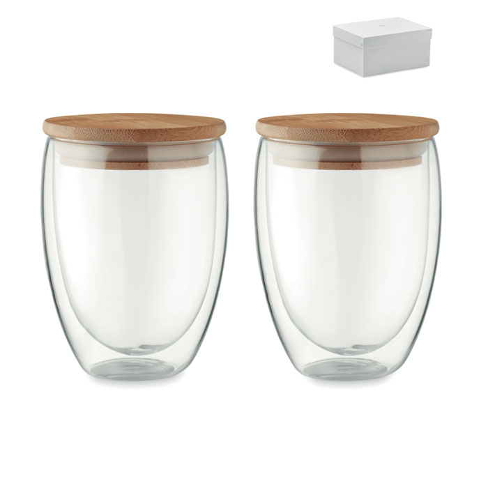 Set van 2 Dubbelwandige Glazen 350ml met Bamboe Deksel