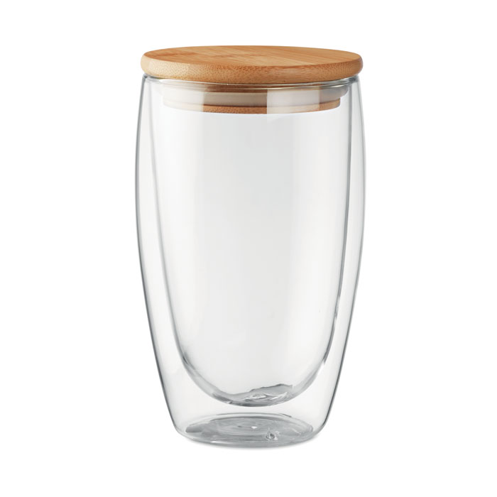 Dubbelwandig Drinkglas 450ml met Bamboe Deksel