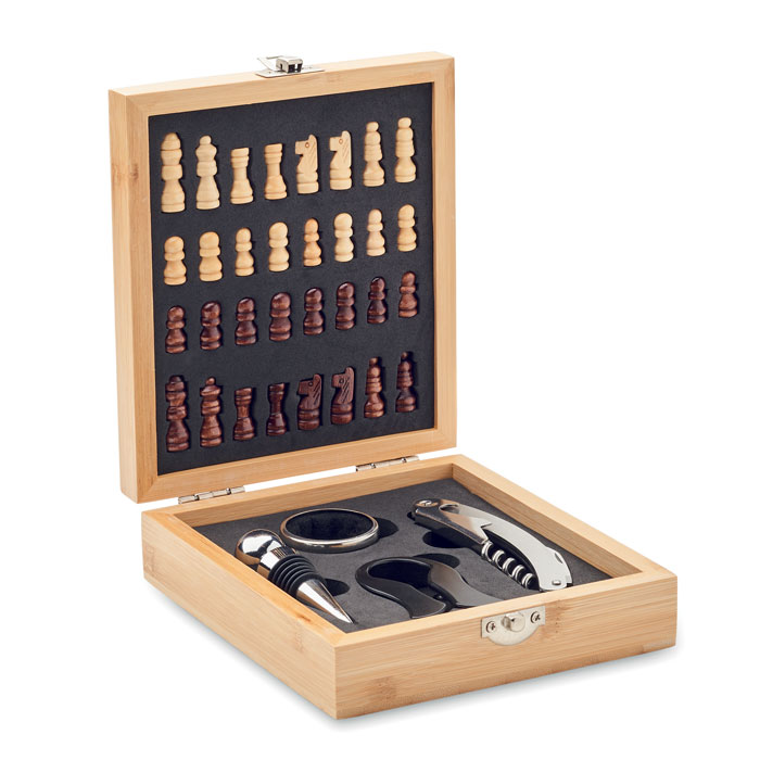 Set d'échecs et de vin en bambou à graver avec prénom