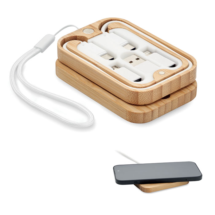 Chargeur Sans Fil en Bambou avec Câble à graver avec prénom