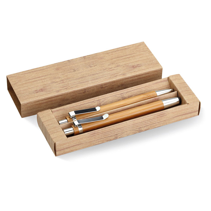 Coffret d'écriture en Bambou avec Stylo et Crayon à graver avec prénom